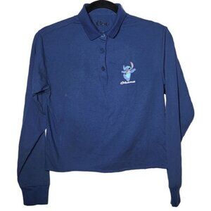Disney Stitch Womens Blue Ohana Cropped Long Sleeve Polo Shirt Size XS Character